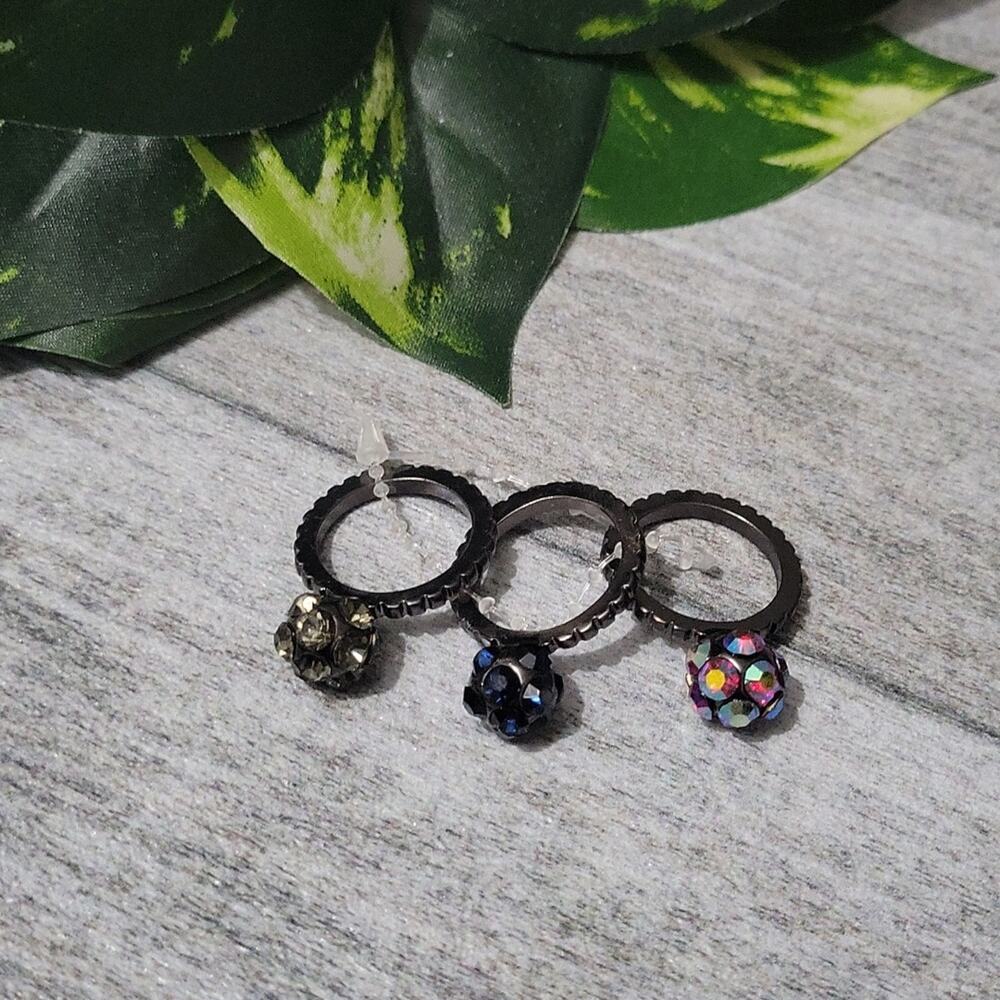 Black Metal Rhinestone Ball Ring Set NEW